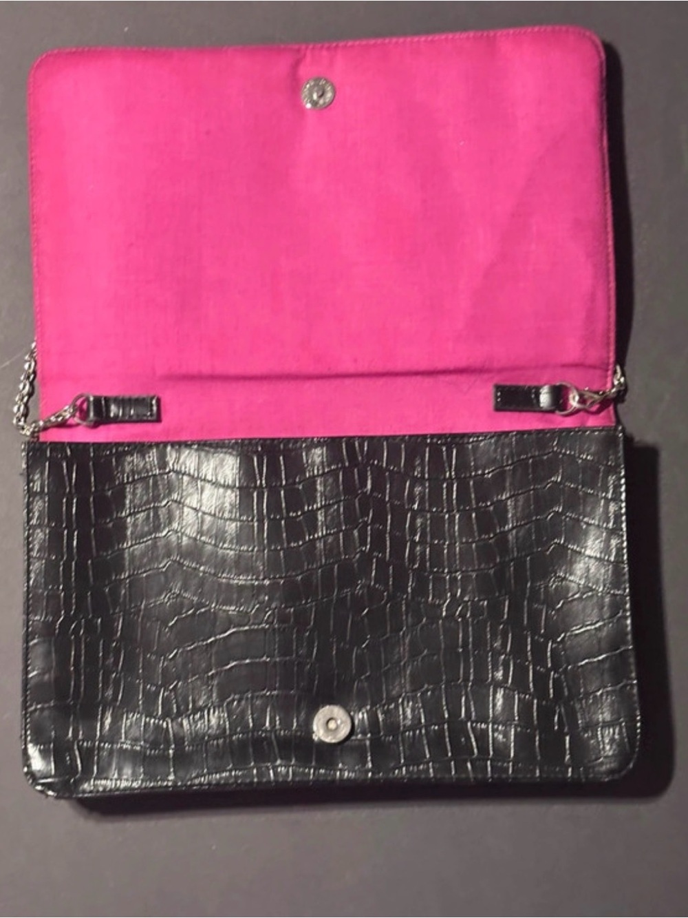 Daisy Fuentes Black Croc-Embossed Clutch with Pink Lining
